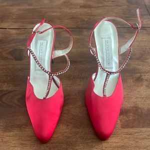 Formal red satin rhinestone heel shoes
